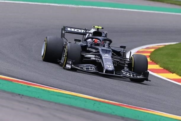 AlphaTauri's Japanese driver Yuki Tsunoda drives during the second practice session of the Formula One Belgian Grand Prix at the Spa-Francorchamps...