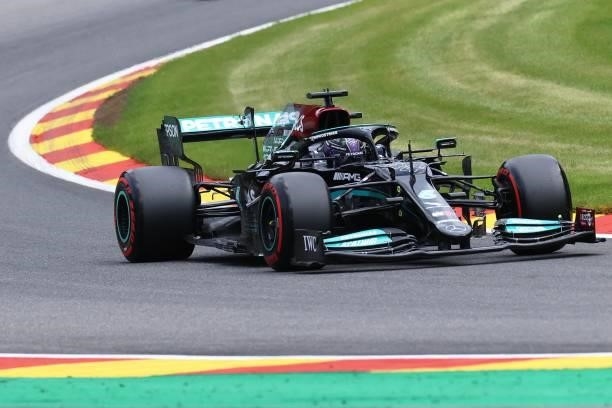 Mercedes' British driver Lewis Hamilton drives during the second practice session of the Formula One Belgian Grand Prix at the Spa-Francorchamps...
