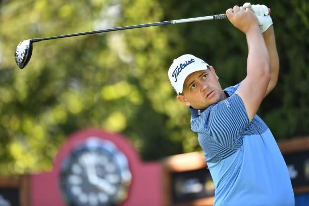 Daniel van Tonder of Republic of South Africa plays his tee shot at the 9th hole during Day Two of The Omega European Masters at Crans-sur-Sierre...