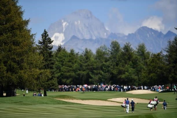 General view of the 9th hole during Day Two of The Omega European Masters at Crans-sur-Sierre Golf Club on August 27, 2021 in Crans-Montana,...