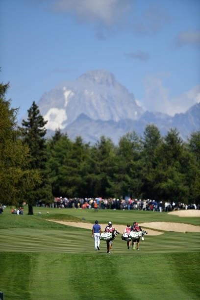 General view of the 9th hole during Day Two of The Omega European Masters at Crans-sur-Sierre Golf Club on August 27, 2021 in Crans-Montana,...