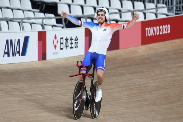 Dorian Foulon of Team France celebrates winning the gold medal in the Track Cycling Men's C5 4000m Individual Pursuit Gold Medal race on day 3 of the...