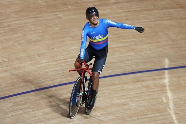 Diego German Duenas of Team Colombia celebrates winning the bronze medal in the Track Cycling Men's C4 4000m Individual Pursuit Bronze Medal race on...