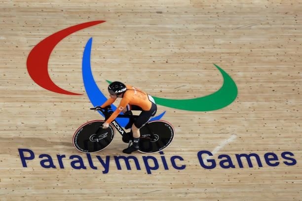 Caroline Groot of Team Netherlands reacts after competing in the Track Cycling Women's C4-5 500m Time Trial on day 3 of the Tokyo 2020 Paralympic...