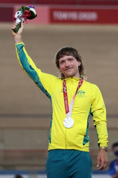 Silver medalist Alistair Donohoe of Team Australia celebrates on the podium during the medal ceremony for the Track Cycling Men's C4 4000m Individual...