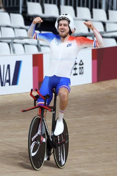 Dorian Foulon of Team France celebrates winning the gold medal in the Track Cycling Men's C5 4000m Individual Pursuit Gold Medal race on day 3 of the...