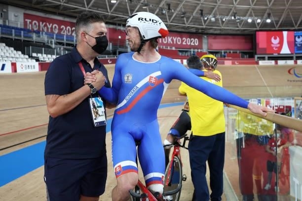 Jozef Metelka of Team Slovakia celebrates after winning the gold medal in the Track Cycling Men's C4 4000m Individual Pursuit Gold Medal race on day...