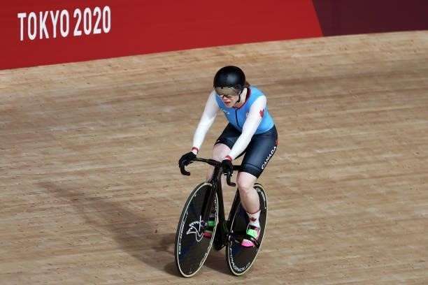 Kate OBrien of Team Canada reacts after competing in the Track Cycling Women's C4-5 500m Time Trial on day 3 of the Tokyo 2020 Paralympic Games at...