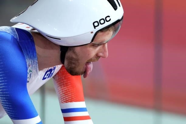Dorian Foulon of Team France reacts after competing in the Track Cycling Men's C5 4000m Individual Pursuit Qualifying on day 3 of the Tokyo 2020...