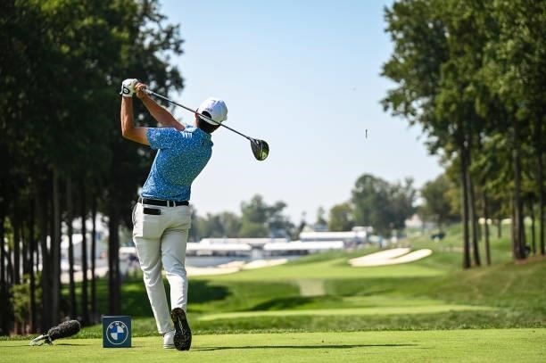 Abraham Ancer of Mexico follows through as he plays his shot from the 16th hole tee during the first round of the BMW Championship, the second event...