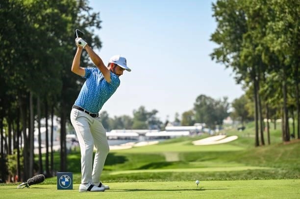 Abraham Ancer of Mexico at the top of his swing as he plays his shot from the 16th hole tee during the first round of the BMW Championship, the...