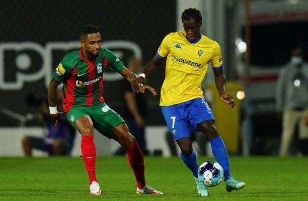 Chiquinho of GD Estoril Praia with Vitor Costa of CS Maritimo in action during the Liga Bwin match between GD Estoril Praia and CS Maritimo at...
