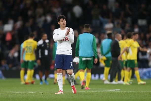 Tottenham Hotspur's Son Heung-Min applauds the fans at the end of the match during the UEFA Conference League Play-Offs Leg Two match between...