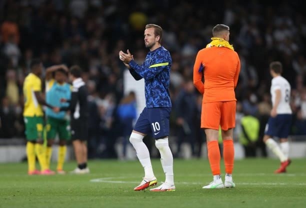 Tottenham Hotspur's Harry Kane applauds the Tottenham fans at the end of the match during the UEFA Conference League Play-Offs Leg Two match between...
