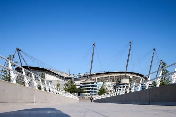 General external view of Etihad Stadium, home stadium of Manchester City under blue skies ahead of the Premier League match between Manchester City...