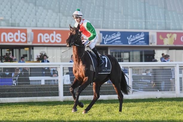 Aegon ridden by Jye McNeil on the way to the barriers prior to the running of the Mo?t & Chandon Memsie Stakes at Caulfield Racecourse on August 28,...