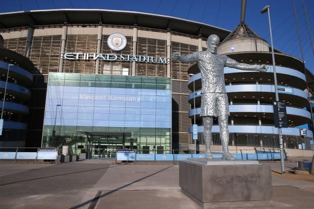 General external view of Etihad Stadium, home stadium of Manchester City under blue skies as a new statue of Vincent Kompany is unveiled ahead of the...