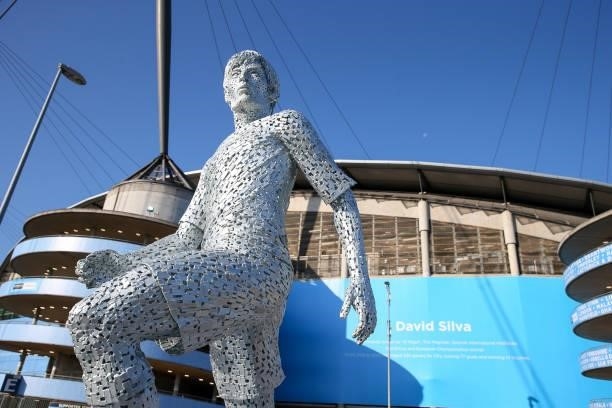 General external view of Etihad Stadium, home stadium of Manchester City under blue skies as a new statue of club legend David Silva is unveiled...