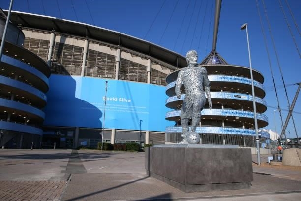 General external view of Etihad Stadium, home stadium of Manchester City under blue skies as a new statue of David Silva is unveiled ahead of the...