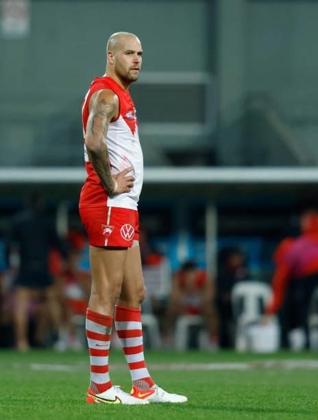 Lance Franklin of the Swans reacts to the loss during the 2021 AFL Second Elimination Final match between the Sydney Swans and the GWS Giants at...