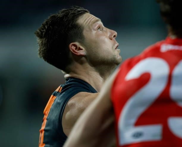 Toby Greene of the Giants looks on during the 2021 AFL Second Elimination Final match between the Sydney Swans and the GWS Giants at University of...