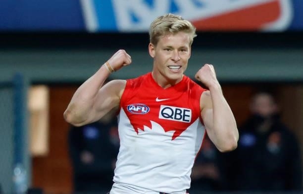 Isaac Heeney of the Swans celebrates a goal during the 2021 AFL Second Elimination Final match between the Sydney Swans and the GWS Giants at...