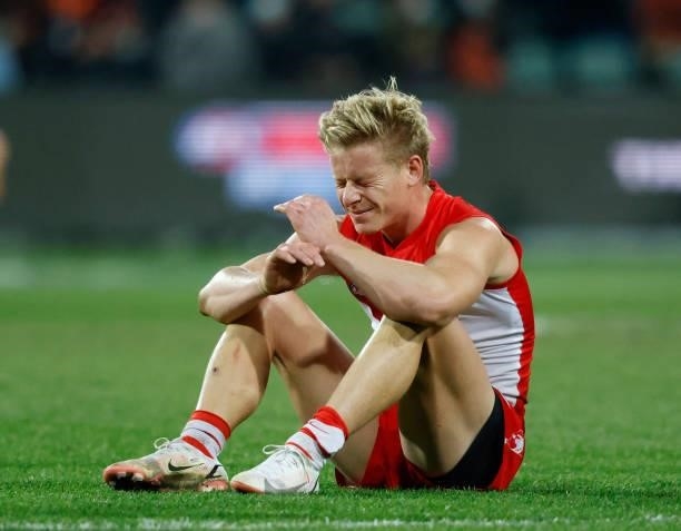 Isaac Heaney of the Swans reacts to the loss during the 2021 AFL Second Elimination Final match between the Sydney Swans and the GWS Giants at...