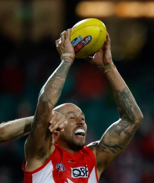 Lance Franklin of the Swans in action during the 2021 AFL Second Elimination Final match between the Sydney Swans and the GWS Giants at University of...