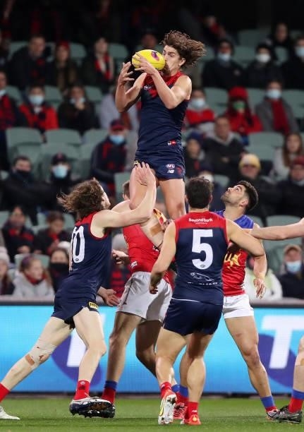 Luke Jackson of the Demons marks the ball during the 2021 AFL First Qualifying Final match between the Melbourne Demons and the Brisbane Lions at...