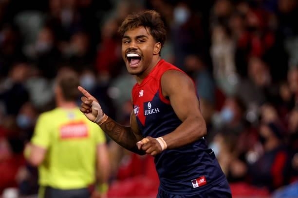 Kysaiah Pickett of the Demons celebrates a goal during the 2021 AFL First Qualifying Final match between the Melbourne Demons and the Brisbane Lions...