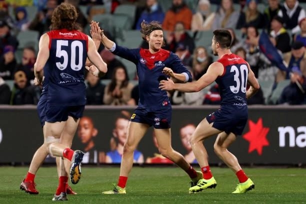 Ed Langdon of the Demons celebrates a goal during the 2021 AFL First Qualifying Final match between the Melbourne Demons and the Brisbane Lions at...
