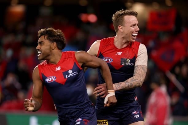 James Harmes and Kysaiah Pickett of the Demons celebrate a goal during the 2021 AFL First Qualifying Final match between the Melbourne Demons and the...