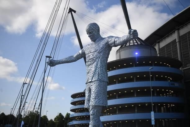 The newly-unveiled statue of former Manchester City footballer Vincent Kompany is pictured outside the stadium ahead of the English Premier League...
