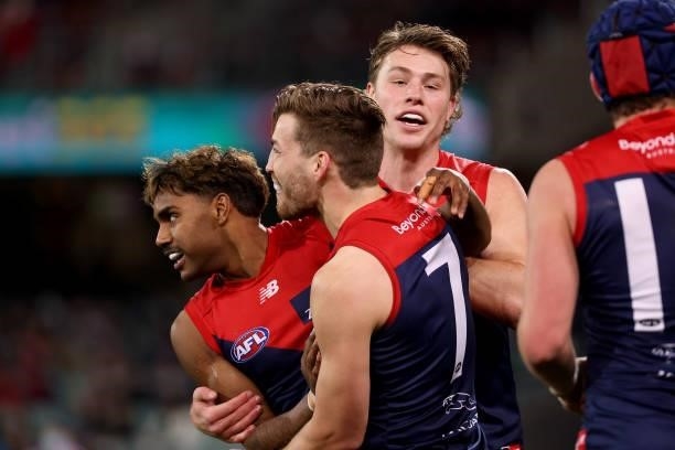 Kysaiah Pickett of the Demons celebrates a goal during the 2021 AFL First Qualifying Final match between the Melbourne Demons and the Brisbane Lions...