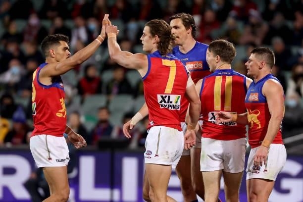 Jarrod Berry of the Lions celebrates a goal during the 2021 AFL First Qualifying Final match between the Melbourne Demons and the Brisbane Lions at...