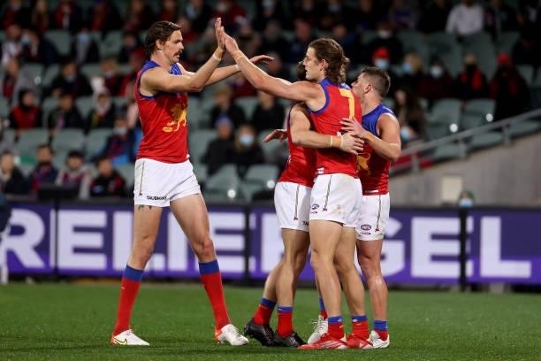Jarrod Berry of the Lions celebrates a goal during the 2021 AFL First Qualifying Final match between the Melbourne Demons and the Brisbane Lions at...