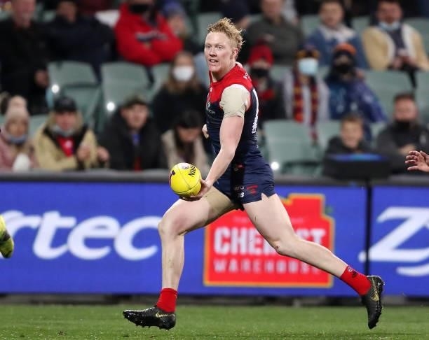 Clayton Oliver of the Demons during the 2021 AFL First Qualifying Final match between the Melbourne Demons and the Brisbane Lions at Adelaide Oval on...