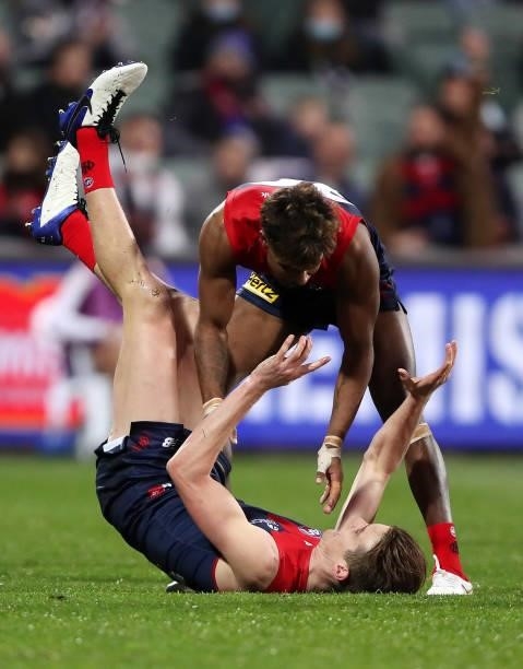 Bayley Fritsch of the Demons celebrates a goal with Kysaiah Pickett during the 2021 AFL First Qualifying Final match between the Melbourne Demons and...