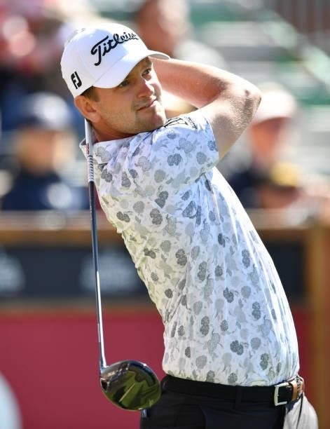Bernd Wiesberger of Austria plays his tee shot to the 1st hole during Day Three of The Omega European Masters at Crans-sur-Sierre Golf Club on August...