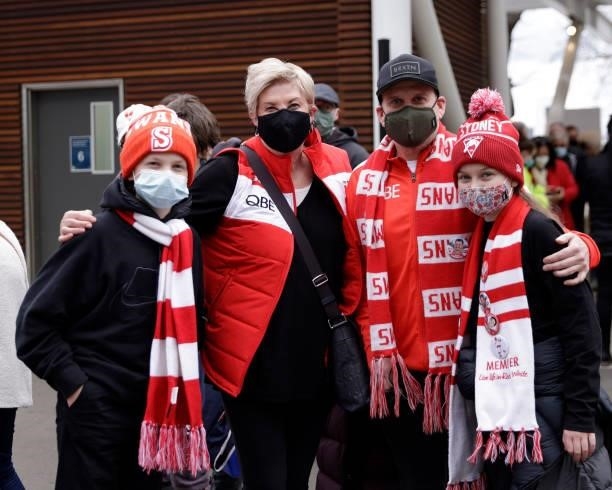 Fans arrive during the 2021 AFL Second Elimination Final match between the Sydney Swans and the GWS Giants at University of Tasmania Stadium on...