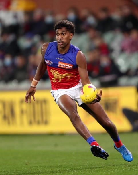 Keidean Coleman of the Lions during the 2021 AFL First Qualifying Final match between the Melbourne Demons and the Brisbane Lions at Adelaide Oval on...