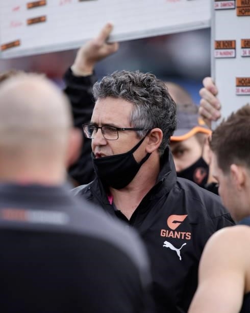 Leon Cameron, Senior Coach of the Giants addresses his players during the 2021 AFL Second Elimination Final match between the Sydney Swans and the...