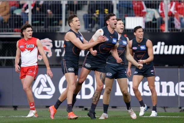 Tim Taranto of the Giants celebrates a goal during the 2021 AFL Second Elimination Final match between the Sydney Swans and the GWS Giants at...