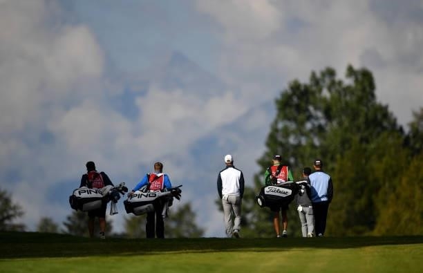 General view of the 1st hole during Day Three of The Omega European Masters at Crans-sur-Sierre Golf Club on August 28, 2021 in Crans-Montana,...
