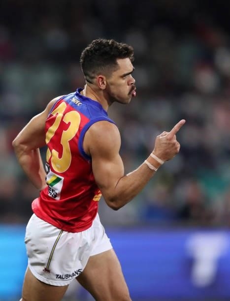 Charlie Cameron of the Lions celebrates a goal during the 2021 AFL First Qualifying Final match between the Melbourne Demons and the Brisbane Lions...