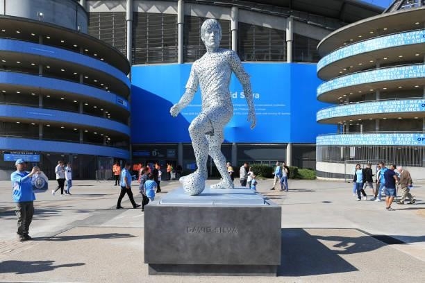 New statue of former Manchester City player David Silva is seen ahead of the Premier League match between Manchester City and Arsenal at Etihad...