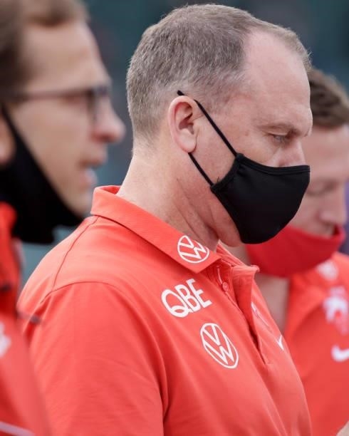 John Longmire, Senior Coach of the Swans addresses his players during the 2021 AFL Second Elimination Final match between the Sydney Swans and the...