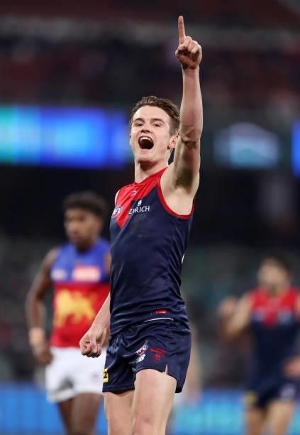 Bayley Fritsch of the Demons celebrates a goal during the 2021 AFL First Qualifying Final match between the Melbourne Demons and the Brisbane Lions...