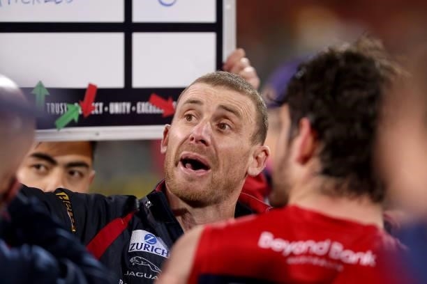 Simon Goodwin, Senior Coach of the Demons during the 2021 AFL First Qualifying Final match between the Melbourne Demons and the Brisbane Lions at...