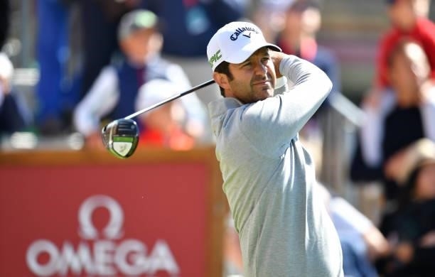 Jorge Campillo of Spain plays his tee shot to the 1st hole during Day Three of The Omega European Masters at Crans-sur-Sierre Golf Club on August 28,...